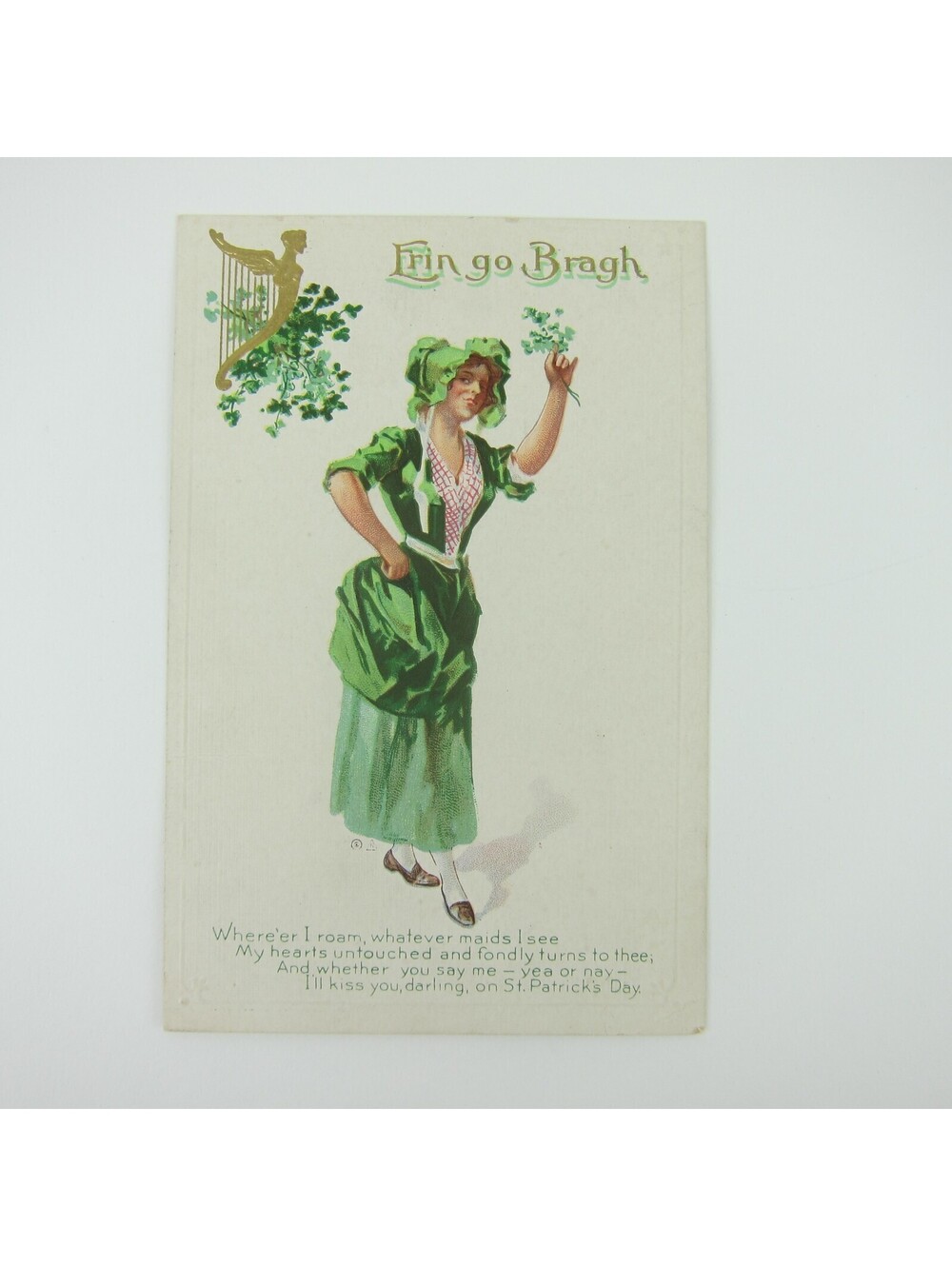 St. Patricks Day Postcard Woman Green Dress Bonnet Clovers Erin Go Bragh Antique